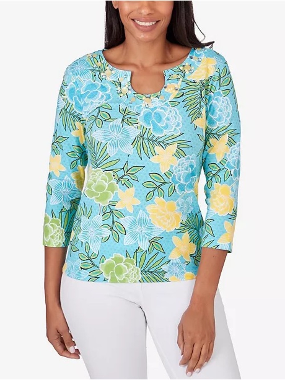 NWT Ruby Rd. Embellished Horseshoe Neck Floral Top By the Sea, Women's 2X